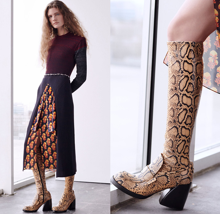 Chloé 2019 Pre-Fall Autumn Womens Lookbook Presentation - 1970s Seventies 1980s Eighties Denim Dress Jean Vest Studs  Jacquard Brocade Shearling Leather Ornamental Decorative Art Horses Patchwork Mix Flowers Floral Petal Sleeves C Monogram Scarf Parka Poncho Silk Satin Velvet Sheer Chiffon Cargo Pockets Knit Sweaterdress Shorts Check Lace Needlework Turtleneck Slouchy Pants Handbag Snakeskin Boots