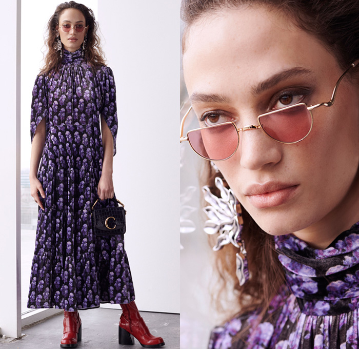 Chloé 2019 Pre-Fall Autumn Womens Lookbook Presentation - 1970s Seventies 1980s Eighties Denim Dress Jean Vest Studs  Jacquard Brocade Shearling Leather Ornamental Decorative Art Horses Patchwork Mix Flowers Floral Petal Sleeves C Monogram Scarf Parka Poncho Silk Satin Velvet Sheer Chiffon Cargo Pockets Knit Sweaterdress Shorts Check Lace Needlework Turtleneck Slouchy Pants Handbag Snakeskin Boots