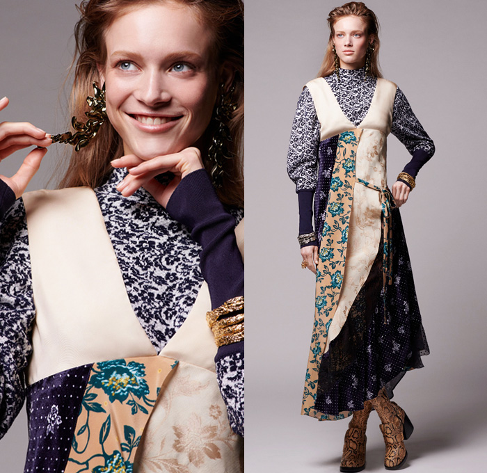 Chloé 2019 Pre-Fall Autumn Womens Lookbook Presentation - 1970s Seventies 1980s Eighties Denim Dress Jean Vest Studs  Jacquard Brocade Shearling Leather Ornamental Decorative Art Horses Patchwork Mix Flowers Floral Petal Sleeves C Monogram Scarf Parka Poncho Silk Satin Velvet Sheer Chiffon Cargo Pockets Knit Sweaterdress Shorts Check Lace Needlework Turtleneck Slouchy Pants Handbag Snakeskin Boots