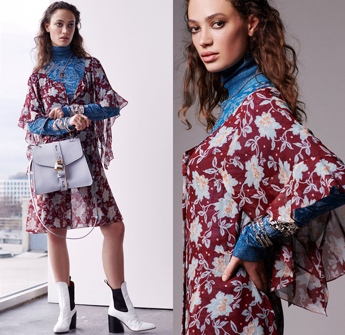 Chloé 2019 Pre-Fall Autumn Womens Lookbook Presentation - 1970s Seventies 1980s Eighties Denim Dress Jean Vest Studs  Jacquard Brocade Shearling Leather Ornamental Decorative Art Horses Patchwork Mix Flowers Floral Petal Sleeves C Monogram Scarf Parka Poncho Silk Satin Velvet Sheer Chiffon Cargo Pockets Knit Sweaterdress Shorts Check Lace Needlework Turtleneck Slouchy Pants Handbag Snakeskin Boots