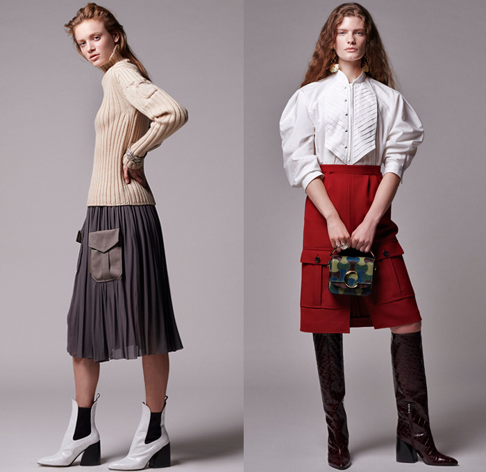 Chloé 2019 Pre-Fall Autumn Womens Lookbook Presentation - 1970s Seventies 1980s Eighties Denim Dress Jean Vest Studs  Jacquard Brocade Shearling Leather Ornamental Decorative Art Horses Patchwork Mix Flowers Floral Petal Sleeves C Monogram Scarf Parka Poncho Silk Satin Velvet Sheer Chiffon Cargo Pockets Knit Sweaterdress Shorts Check Lace Needlework Turtleneck Slouchy Pants Handbag Snakeskin Boots