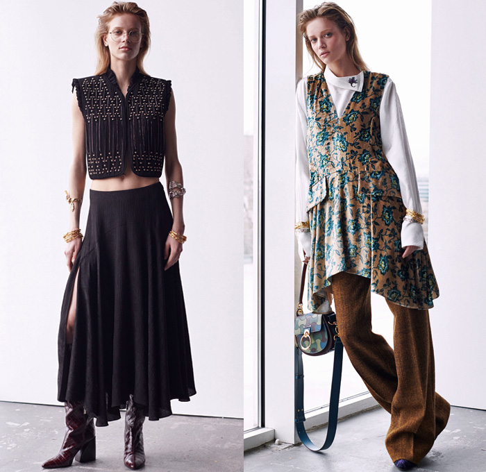 Chloé 2019 Pre-Fall Autumn Womens Lookbook Presentation - 1970s Seventies 1980s Eighties Denim Dress Jean Vest Studs  Jacquard Brocade Shearling Leather Ornamental Decorative Art Horses Patchwork Mix Flowers Floral Petal Sleeves C Monogram Scarf Parka Poncho Silk Satin Velvet Sheer Chiffon Cargo Pockets Knit Sweaterdress Shorts Check Lace Needlework Turtleneck Slouchy Pants Handbag Snakeskin Boots