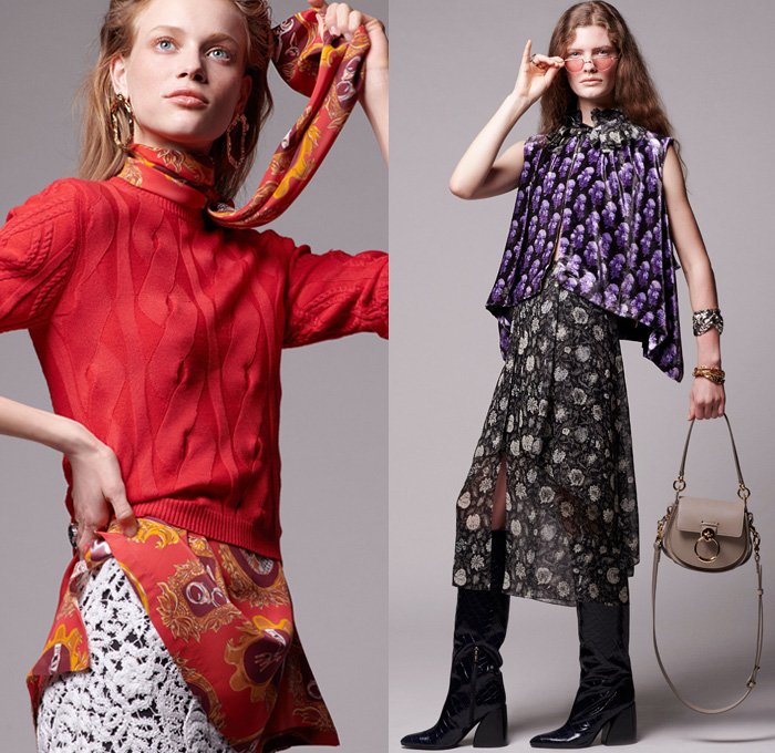 Chloé 2019 Pre-Fall Autumn Womens Lookbook Presentation - 1970s Seventies 1980s Eighties Denim Dress Jean Vest Studs  Jacquard Brocade Shearling Leather Ornamental Decorative Art Horses Patchwork Mix Flowers Floral Petal Sleeves C Monogram Scarf Parka Poncho Silk Satin Velvet Sheer Chiffon Cargo Pockets Knit Sweaterdress Shorts Check Lace Needlework Turtleneck Slouchy Pants Handbag Snakeskin Boots