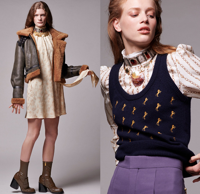 Chloé 2019 Pre-Fall Autumn Womens Lookbook Presentation - 1970s Seventies 1980s Eighties Denim Dress Jean Vest Studs  Jacquard Brocade Shearling Leather Ornamental Decorative Art Horses Patchwork Mix Flowers Floral Petal Sleeves C Monogram Scarf Parka Poncho Silk Satin Velvet Sheer Chiffon Cargo Pockets Knit Sweaterdress Shorts Check Lace Needlework Turtleneck Slouchy Pants Handbag Snakeskin Boots