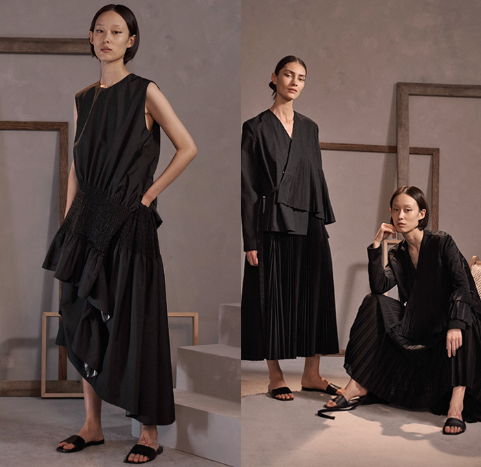 Claudia Li 2019 Pre-Fall Autumn Womens Lookbook Presentation – Vegetable Block Printing Stamping Graphic Potatoes Onions Pantsuit Outerwear Coat Bomber Jacket Drawstring Cinch Sleeveless Tabard Accordion Pleats Asymmetrical Cutout Waist Poufy Shoulders Wide Sleeve Zipper Sheer Knitwear Fold Over Tiered Skirt Shirtdress Fringes Threads Shorts Palazzo Pants Dress Slippers