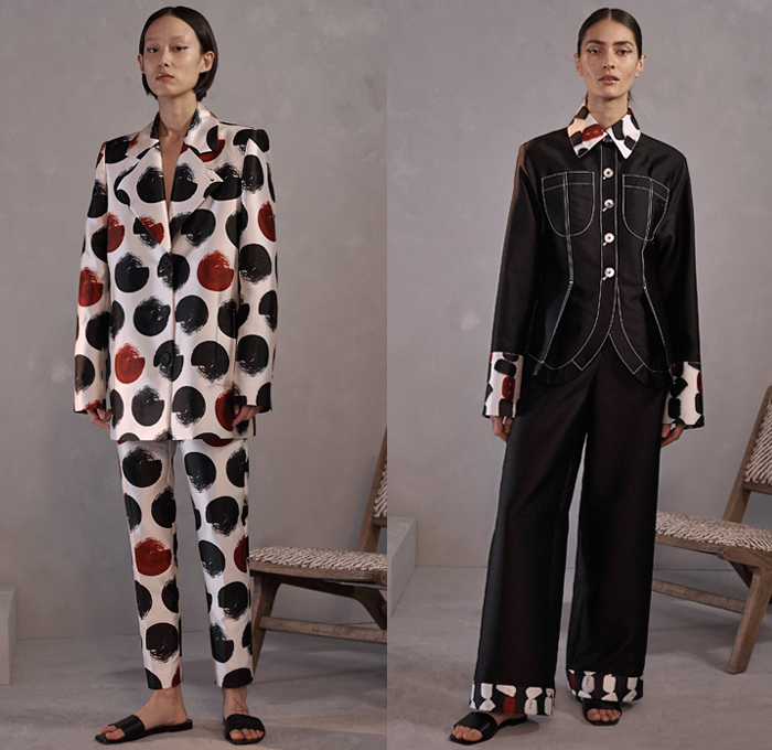 Claudia Li 2019 Pre-Fall Autumn Womens Lookbook Presentation – Vegetable Block Printing Stamping Graphic Potatoes Onions Pantsuit Outerwear Coat Bomber Jacket Drawstring Cinch Sleeveless Tabard Accordion Pleats Asymmetrical Cutout Waist Poufy Shoulders Wide Sleeve Zipper Sheer Knitwear Fold Over Tiered Skirt Shirtdress Fringes Threads Shorts Palazzo Pants Dress Slippers