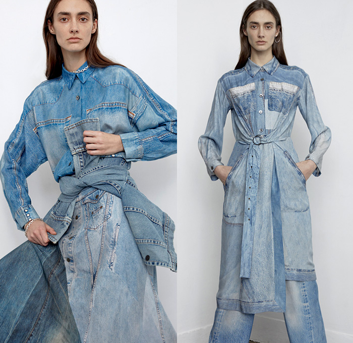 Colovos 2019 Pre-Fall Autumn Womens Lookbook Presentation - Denim Jeans Western Long Sleeve Shirt Blouse Tie Up Knot Wide Band High Waist Shirtdress Faded Distressed Knit Sweater Pockets Blazer Slouchy Pants Patchwork Fur Shearling Collar Quilted Parka Frayed Raw Hem Skirt Cargo Utility Pockets Trench Coat Contrast Stitching Asymmetrical Neckline Cinch Dress Boots