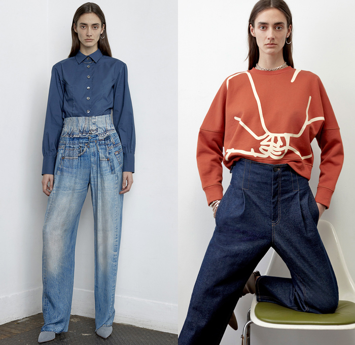 Colovos 2019 Pre-Fall Autumn Womens Lookbook Presentation - Denim Jeans Western Long Sleeve Shirt Blouse Tie Up Knot Wide Band High Waist Shirtdress Faded Distressed Knit Sweater Pockets Blazer Slouchy Pants Patchwork Fur Shearling Collar Quilted Parka Frayed Raw Hem Skirt Cargo Utility Pockets Trench Coat Contrast Stitching Asymmetrical Neckline Cinch Dress Boots