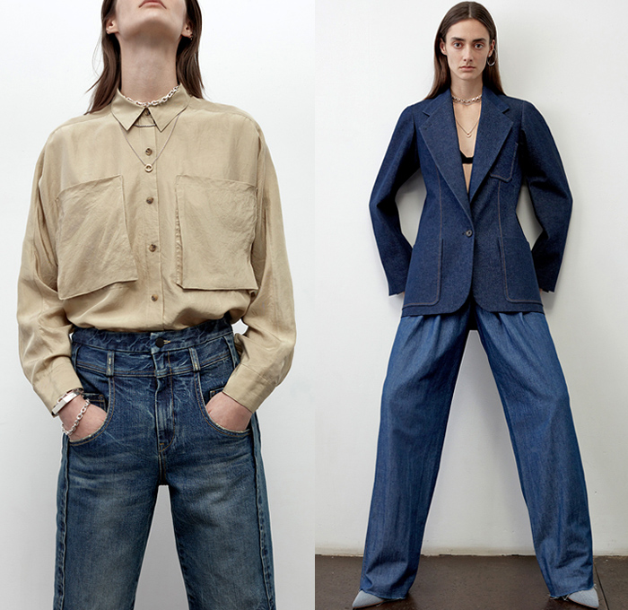 Colovos 2019 Pre-Fall Autumn Womens Lookbook Presentation - Denim Jeans Western Long Sleeve Shirt Blouse Tie Up Knot Wide Band High Waist Shirtdress Faded Distressed Knit Sweater Pockets Blazer Slouchy Pants Patchwork Fur Shearling Collar Quilted Parka Frayed Raw Hem Skirt Cargo Utility Pockets Trench Coat Contrast Stitching Asymmetrical Neckline Cinch Dress Boots