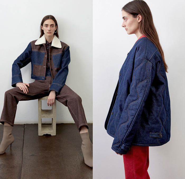 Colovos 2019 Pre-Fall Autumn Womens Lookbook Presentation - Denim Jeans Western Long Sleeve Shirt Blouse Tie Up Knot Wide Band High Waist Shirtdress Faded Distressed Knit Sweater Pockets Blazer Slouchy Pants Patchwork Fur Shearling Collar Quilted Parka Frayed Raw Hem Skirt Cargo Utility Pockets Trench Coat Contrast Stitching Asymmetrical Neckline Cinch Dress Boots