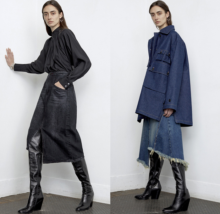 Colovos 2019 Pre-Fall Autumn Womens Lookbook Presentation - Denim Jeans Western Long Sleeve Shirt Blouse Tie Up Knot Wide Band High Waist Shirtdress Faded Distressed Knit Sweater Pockets Blazer Slouchy Pants Patchwork Fur Shearling Collar Quilted Parka Frayed Raw Hem Skirt Cargo Utility Pockets Trench Coat Contrast Stitching Asymmetrical Neckline Cinch Dress Boots