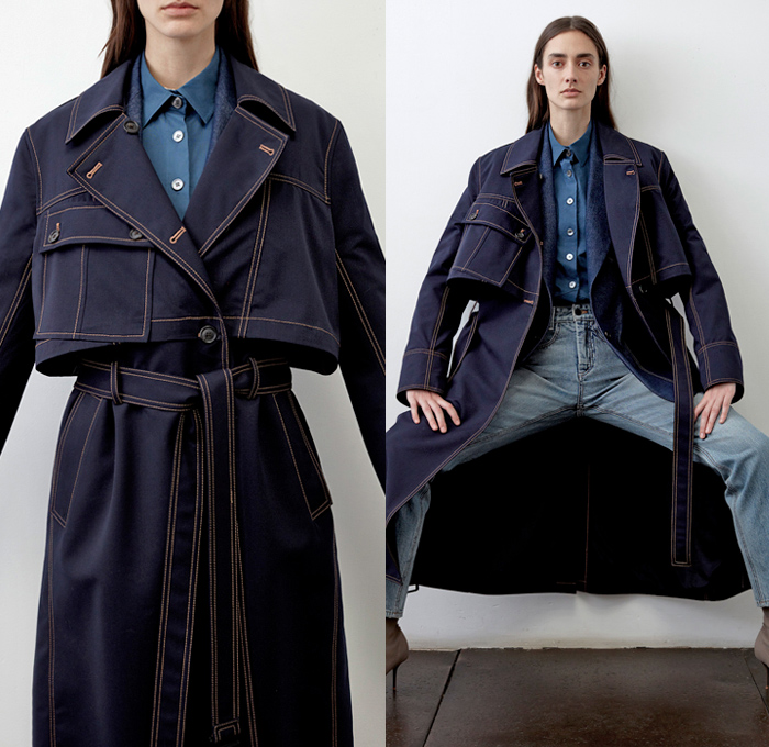 Colovos 2019 Pre-Fall Autumn Womens Lookbook Presentation - Denim Jeans Western Long Sleeve Shirt Blouse Tie Up Knot Wide Band High Waist Shirtdress Faded Distressed Knit Sweater Pockets Blazer Slouchy Pants Patchwork Fur Shearling Collar Quilted Parka Frayed Raw Hem Skirt Cargo Utility Pockets Trench Coat Contrast Stitching Asymmetrical Neckline Cinch Dress Boots