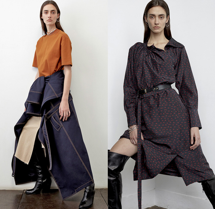 Colovos 2019 Pre-Fall Autumn Womens Lookbook Presentation - Denim Jeans Western Long Sleeve Shirt Blouse Tie Up Knot Wide Band High Waist Shirtdress Faded Distressed Knit Sweater Pockets Blazer Slouchy Pants Patchwork Fur Shearling Collar Quilted Parka Frayed Raw Hem Skirt Cargo Utility Pockets Trench Coat Contrast Stitching Asymmetrical Neckline Cinch Dress Boots