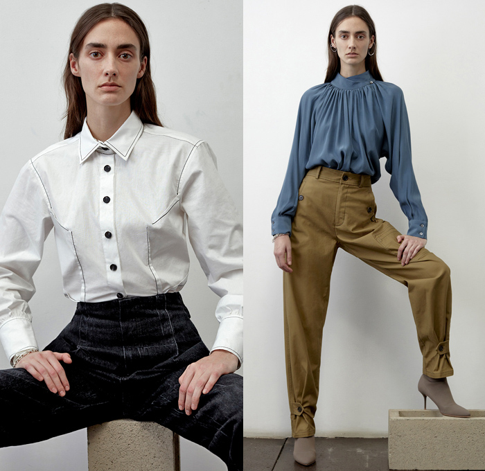 Colovos 2019 Pre-Fall Autumn Womens Lookbook Presentation - Denim Jeans Western Long Sleeve Shirt Blouse Tie Up Knot Wide Band High Waist Shirtdress Faded Distressed Knit Sweater Pockets Blazer Slouchy Pants Patchwork Fur Shearling Collar Quilted Parka Frayed Raw Hem Skirt Cargo Utility Pockets Trench Coat Contrast Stitching Asymmetrical Neckline Cinch Dress Boots