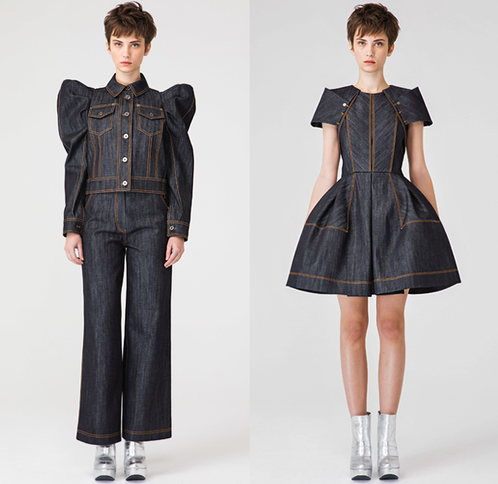 Dice Kayek 2019 Pre-Fall Autumn Womens Lookbook Presentation - Raw Dry Selvedge Denim Jeans Contrast Stitching High Poufy Shoulders Babydoll Dress Peplum Poodle Circle Skirt Bedazzled Gems Crystals Sequins Houndstooth Pied-de-Poule Check Plaid Wool Jacket Trench Coat Cargo Pockets Knit Sweater Blouse Miniskirt Sheer Ruffles Oversized Bow Butterflies Palm Tree Straps Belts Cutout Rope Pantsuit Buttons Scarf Boots