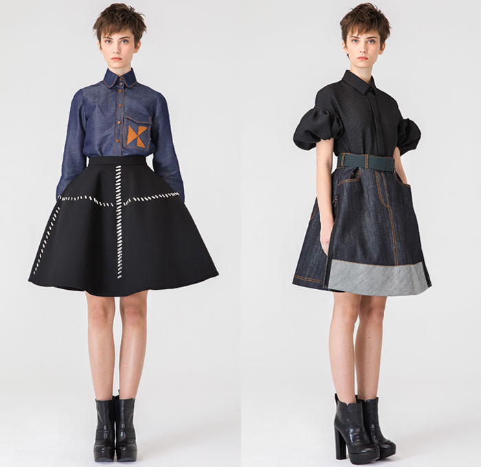 Dice Kayek 2019 Pre-Fall Autumn Womens Lookbook Presentation - Raw Dry Selvedge Denim Jeans Contrast Stitching High Poufy Shoulders Babydoll Dress Peplum Poodle Circle Skirt Bedazzled Gems Crystals Sequins Houndstooth Pied-de-Poule Check Plaid Wool Jacket Trench Coat Cargo Pockets Knit Sweater Blouse Miniskirt Sheer Ruffles Oversized Bow Butterflies Palm Tree Straps Belts Cutout Rope Pantsuit Buttons Scarf Boots