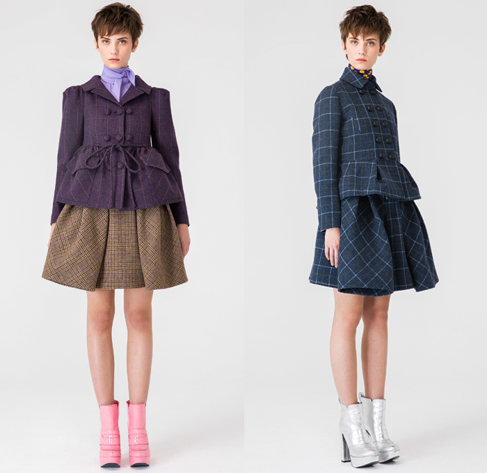 Dice Kayek 2019 Pre-Fall Autumn Womens Lookbook Presentation - Raw Dry Selvedge Denim Jeans Contrast Stitching High Poufy Shoulders Babydoll Dress Peplum Poodle Circle Skirt Bedazzled Gems Crystals Sequins Houndstooth Pied-de-Poule Check Plaid Wool Jacket Trench Coat Cargo Pockets Knit Sweater Blouse Miniskirt Sheer Ruffles Oversized Bow Butterflies Palm Tree Straps Belts Cutout Rope Pantsuit Buttons Scarf Boots