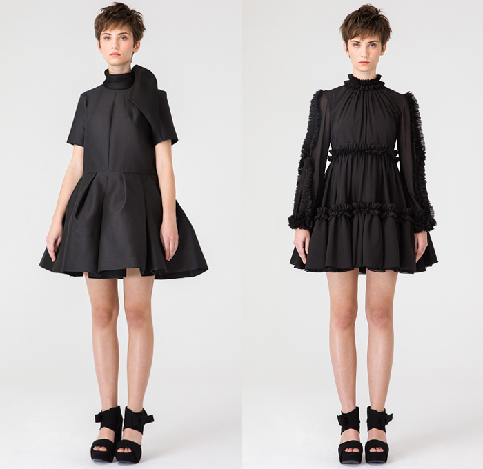 Dice Kayek 2019 Pre-Fall Autumn Womens Lookbook Presentation - Raw Dry Selvedge Denim Jeans Contrast Stitching High Poufy Shoulders Babydoll Dress Peplum Poodle Circle Skirt Bedazzled Gems Crystals Sequins Houndstooth Pied-de-Poule Check Plaid Wool Jacket Trench Coat Cargo Pockets Knit Sweater Blouse Miniskirt Sheer Ruffles Oversized Bow Butterflies Palm Tree Straps Belts Cutout Rope Pantsuit Buttons Scarf Boots