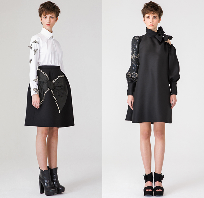 Dice Kayek 2019 Pre-Fall Autumn Womens Lookbook Presentation - Raw Dry Selvedge Denim Jeans Contrast Stitching High Poufy Shoulders Babydoll Dress Peplum Poodle Circle Skirt Bedazzled Gems Crystals Sequins Houndstooth Pied-de-Poule Check Plaid Wool Jacket Trench Coat Cargo Pockets Knit Sweater Blouse Miniskirt Sheer Ruffles Oversized Bow Butterflies Palm Tree Straps Belts Cutout Rope Pantsuit Buttons Scarf Boots