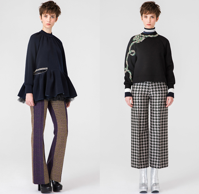 Dice Kayek 2019 Pre-Fall Autumn Womens Lookbook Presentation - Raw Dry Selvedge Denim Jeans Contrast Stitching High Poufy Shoulders Babydoll Dress Peplum Poodle Circle Skirt Bedazzled Gems Crystals Sequins Houndstooth Pied-de-Poule Check Plaid Wool Jacket Trench Coat Cargo Pockets Knit Sweater Blouse Miniskirt Sheer Ruffles Oversized Bow Butterflies Palm Tree Straps Belts Cutout Rope Pantsuit Buttons Scarf Boots