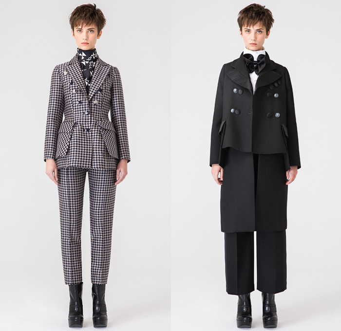 Dice Kayek 2019 Pre-Fall Autumn Womens Lookbook Presentation - Raw Dry Selvedge Denim Jeans Contrast Stitching High Poufy Shoulders Babydoll Dress Peplum Poodle Circle Skirt Bedazzled Gems Crystals Sequins Houndstooth Pied-de-Poule Check Plaid Wool Jacket Trench Coat Cargo Pockets Knit Sweater Blouse Miniskirt Sheer Ruffles Oversized Bow Butterflies Palm Tree Straps Belts Cutout Rope Pantsuit Buttons Scarf Boots