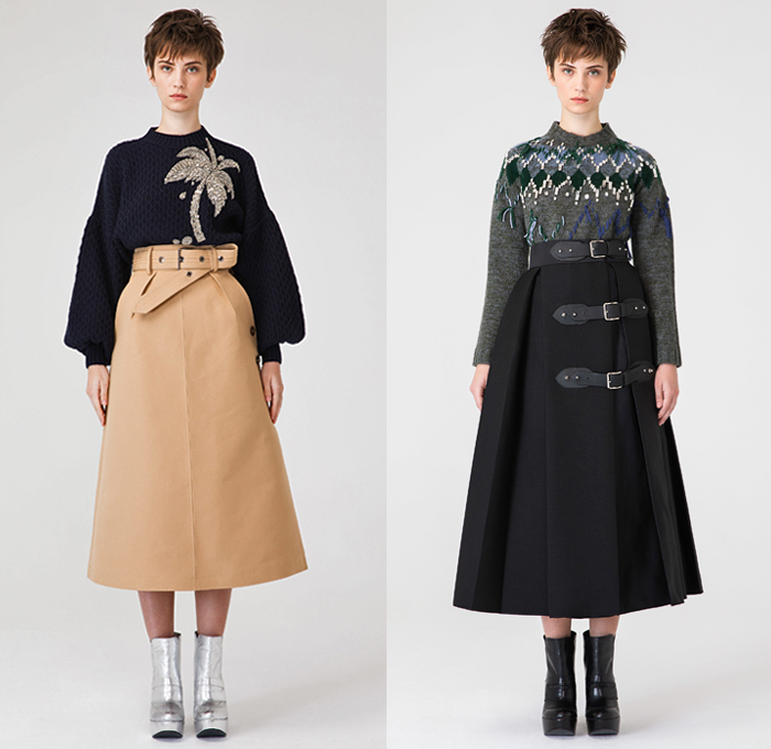 Dice Kayek 2019 Pre-Fall Autumn Womens Lookbook Presentation - Raw Dry Selvedge Denim Jeans Contrast Stitching High Poufy Shoulders Babydoll Dress Peplum Poodle Circle Skirt Bedazzled Gems Crystals Sequins Houndstooth Pied-de-Poule Check Plaid Wool Jacket Trench Coat Cargo Pockets Knit Sweater Blouse Miniskirt Sheer Ruffles Oversized Bow Butterflies Palm Tree Straps Belts Cutout Rope Pantsuit Buttons Scarf Boots