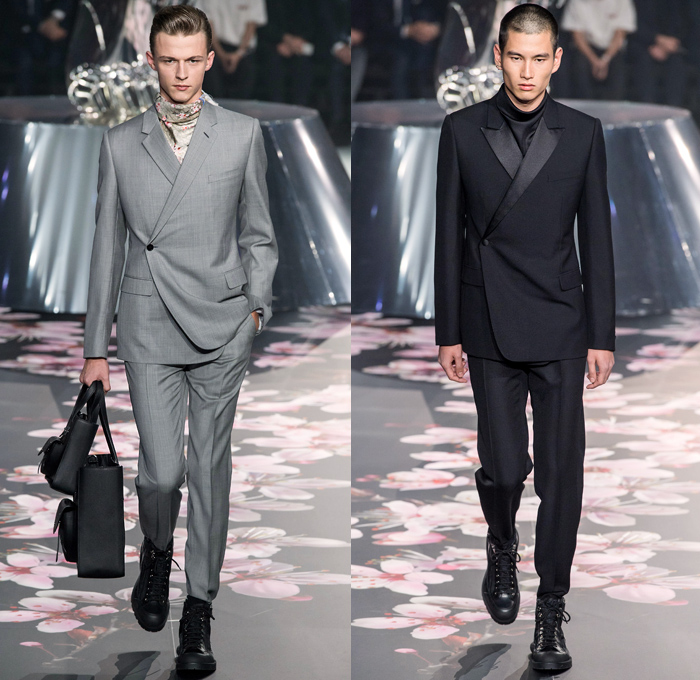 Christian Dior Homme 2019 Pre-Fall Autumn Mens Runway Looks Collection Kim Jones Tokyo Japan - Hajime Sorayama Japanese Art Illustrator Femmebot Robot Dinosaur Print Harness Bum Bag Satchel Backpack Straps Sunglasses Metallic Sheen Ribbed Turtleneck Knit Sweater Cargo Pants Utility Pockets Leopard Logo Monogram Sheer Chiffon Tulle Embroidery Bomber Jacket Plush Fur Anorak Outerwear Quilted Puffer Coat Kimono Cap One Button Suit Blazer Military Boots