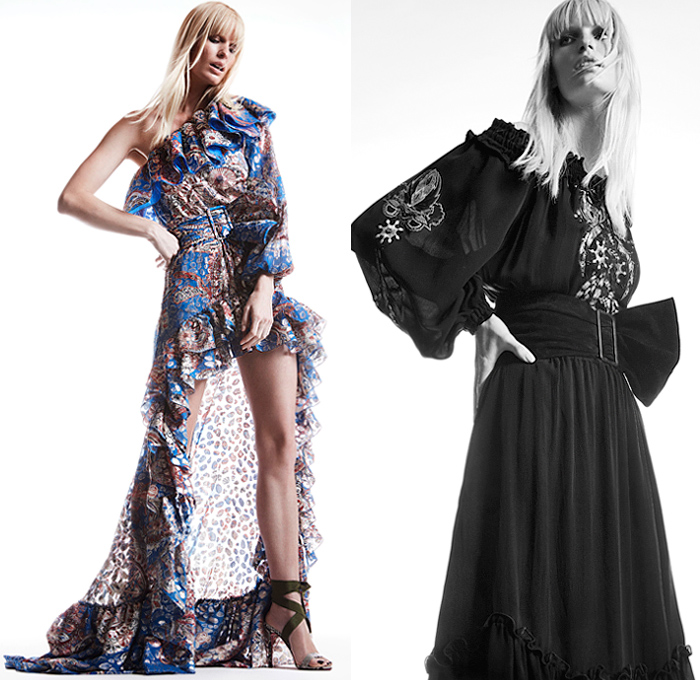 Peter Dundas 2019 Pre-Fall Autumn Womens Lookbook Presentation - 1970s Seventies Disco Bedazzled Adorned Sequins Lace Needlework Embroidery Crop Top Midriff Ruffles One Shoulder Sheer Chiffon Tulle Motorcycle Biker Jacket Fringes Lace Up Bow Knot Leather Onesie Jumpsuit Coveralls High Butterfly Shoulders Jacquard Handkerchief Mullet Dovetail High-Low Hem Decorative Art Heart Strapless Fluid Maxi Dress Goddess Gown Halterneck High Slit Wide Belt Shorts Strapped Heels