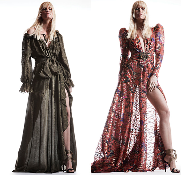 Peter Dundas 2019 Pre-Fall Autumn Womens Lookbook Presentation - 1970s Seventies Disco Bedazzled Adorned Sequins Lace Needlework Embroidery Crop Top Midriff Ruffles One Shoulder Sheer Chiffon Tulle Motorcycle Biker Jacket Fringes Lace Up Bow Knot Leather Onesie Jumpsuit Coveralls High Butterfly Shoulders Jacquard Handkerchief Mullet Dovetail High-Low Hem Decorative Art Heart Strapless Fluid Maxi Dress Goddess Gown Halterneck High Slit Wide Belt Shorts Strapped Heels