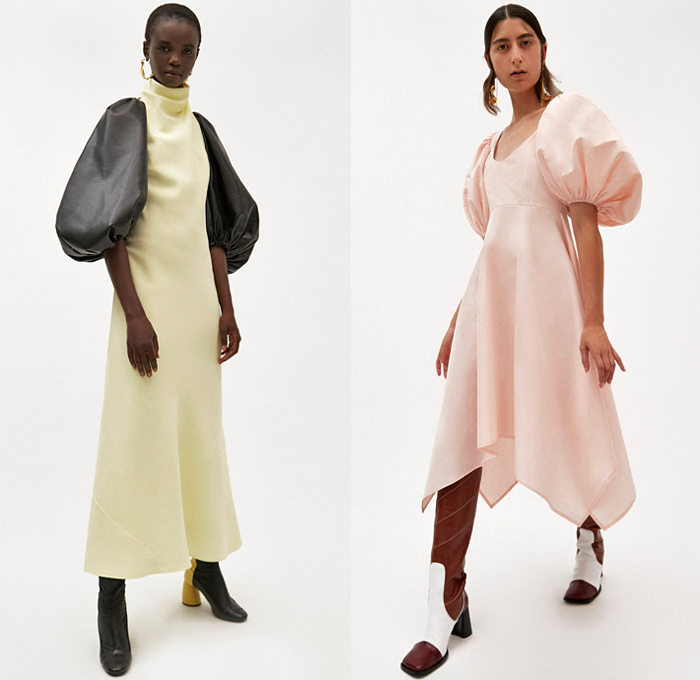 Ellery 2019 Pre-Fall Autumn Womens Lookbook Presentation - Amish Conservatism 1970s Free Love Leg O'Mutton Sleeves Poufy Shoulders Dress Ruffles Draped Peplum Corset Crop Top Pearls Harness Bib Apron Wide Lapel Strapless Turtleneck High Slit Skirt Handkerchief Hem Blouse Silk Satin Trench Coat Blazer Pantsuit Corduroy Quilted Puffer Jacket Oversleeve Capelet Flowers Floral Denim Jeans Wide Leg Pants Shirtdress Kaftan Caftan Knee High Boots