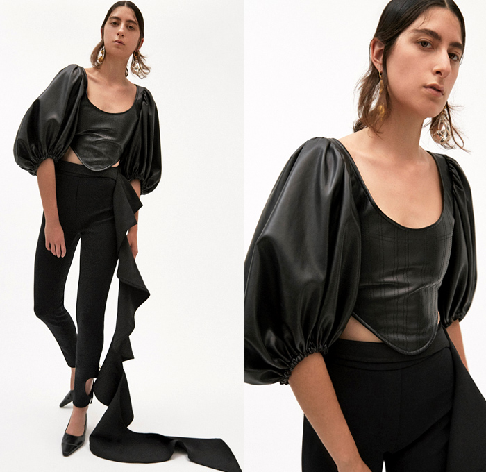 Ellery 2019 Pre-Fall Autumn Womens Lookbook Presentation - Amish Conservatism 1970s Free Love Leg O'Mutton Sleeves Poufy Shoulders Dress Ruffles Draped Peplum Corset Crop Top Pearls Harness Bib Apron Wide Lapel Strapless Turtleneck High Slit Skirt Handkerchief Hem Blouse Silk Satin Trench Coat Blazer Pantsuit Corduroy Quilted Puffer Jacket Oversleeve Capelet Flowers Floral Denim Jeans Wide Leg Pants Shirtdress Kaftan Caftan Knee High Boots