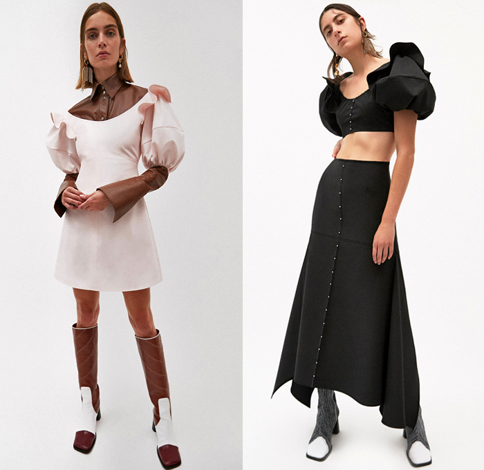 Ellery 2019 Pre-Fall Autumn Womens Lookbook Presentation - Amish Conservatism 1970s Free Love Leg O'Mutton Sleeves Poufy Shoulders Dress Ruffles Draped Peplum Corset Crop Top Pearls Harness Bib Apron Wide Lapel Strapless Turtleneck High Slit Skirt Handkerchief Hem Blouse Silk Satin Trench Coat Blazer Pantsuit Corduroy Quilted Puffer Jacket Oversleeve Capelet Flowers Floral Denim Jeans Wide Leg Pants Shirtdress Kaftan Caftan Knee High Boots