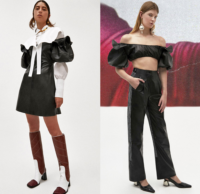 Ellery 2019 Pre-Fall Autumn Womens Lookbook Presentation - Amish Conservatism 1970s Free Love Leg O'Mutton Sleeves Poufy Shoulders Dress Ruffles Draped Peplum Corset Crop Top Pearls Harness Bib Apron Wide Lapel Strapless Turtleneck High Slit Skirt Handkerchief Hem Blouse Silk Satin Trench Coat Blazer Pantsuit Corduroy Quilted Puffer Jacket Oversleeve Capelet Flowers Floral Denim Jeans Wide Leg Pants Shirtdress Kaftan Caftan Knee High Boots