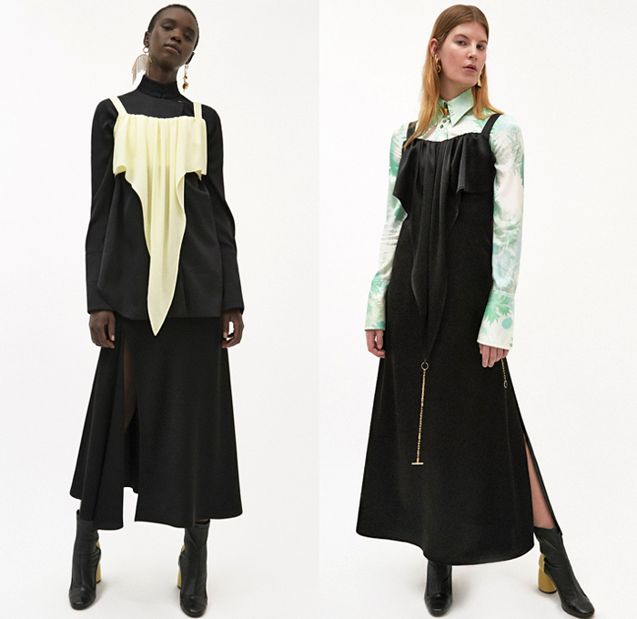 Ellery 2019 Pre-Fall Autumn Womens Lookbook Presentation - Amish Conservatism 1970s Free Love Leg O'Mutton Sleeves Poufy Shoulders Dress Ruffles Draped Peplum Corset Crop Top Pearls Harness Bib Apron Wide Lapel Strapless Turtleneck High Slit Skirt Handkerchief Hem Blouse Silk Satin Trench Coat Blazer Pantsuit Corduroy Quilted Puffer Jacket Oversleeve Capelet Flowers Floral Denim Jeans Wide Leg Pants Shirtdress Kaftan Caftan Knee High Boots