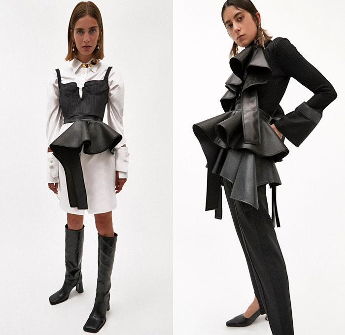 Ellery 2019 Pre-Fall Autumn Womens Lookbook Presentation - Amish Conservatism 1970s Free Love Leg O'Mutton Sleeves Poufy Shoulders Dress Ruffles Draped Peplum Corset Crop Top Pearls Harness Bib Apron Wide Lapel Strapless Turtleneck High Slit Skirt Handkerchief Hem Blouse Silk Satin Trench Coat Blazer Pantsuit Corduroy Quilted Puffer Jacket Oversleeve Capelet Flowers Floral Denim Jeans Wide Leg Pants Shirtdress Kaftan Caftan Knee High Boots