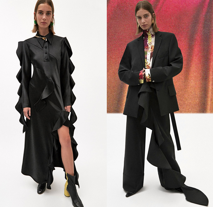 Ellery 2019 Pre-Fall Autumn Womens Lookbook Presentation - Amish Conservatism 1970s Free Love Leg O'Mutton Sleeves Poufy Shoulders Dress Ruffles Draped Peplum Corset Crop Top Pearls Harness Bib Apron Wide Lapel Strapless Turtleneck High Slit Skirt Handkerchief Hem Blouse Silk Satin Trench Coat Blazer Pantsuit Corduroy Quilted Puffer Jacket Oversleeve Capelet Flowers Floral Denim Jeans Wide Leg Pants Shirtdress Kaftan Caftan Knee High Boots