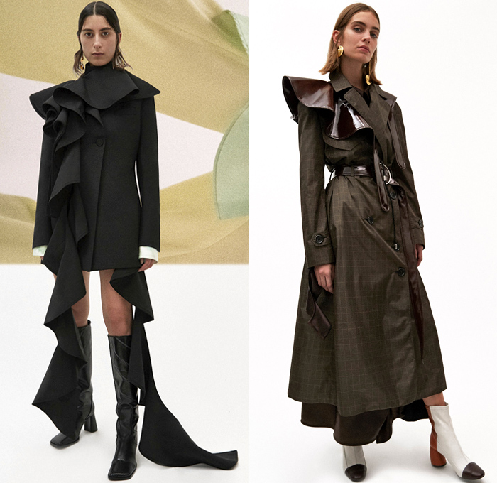 Ellery 2019 Pre-Fall Autumn Womens Lookbook Presentation - Amish Conservatism 1970s Free Love Leg O'Mutton Sleeves Poufy Shoulders Dress Ruffles Draped Peplum Corset Crop Top Pearls Harness Bib Apron Wide Lapel Strapless Turtleneck High Slit Skirt Handkerchief Hem Blouse Silk Satin Trench Coat Blazer Pantsuit Corduroy Quilted Puffer Jacket Oversleeve Capelet Flowers Floral Denim Jeans Wide Leg Pants Shirtdress Kaftan Caftan Knee High Boots