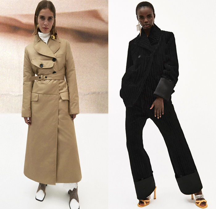 Ellery 2019 Pre-Fall Autumn Womens Lookbook Presentation - Amish Conservatism 1970s Free Love Leg O'Mutton Sleeves Poufy Shoulders Dress Ruffles Draped Peplum Corset Crop Top Pearls Harness Bib Apron Wide Lapel Strapless Turtleneck High Slit Skirt Handkerchief Hem Blouse Silk Satin Trench Coat Blazer Pantsuit Corduroy Quilted Puffer Jacket Oversleeve Capelet Flowers Floral Denim Jeans Wide Leg Pants Shirtdress Kaftan Caftan Knee High Boots