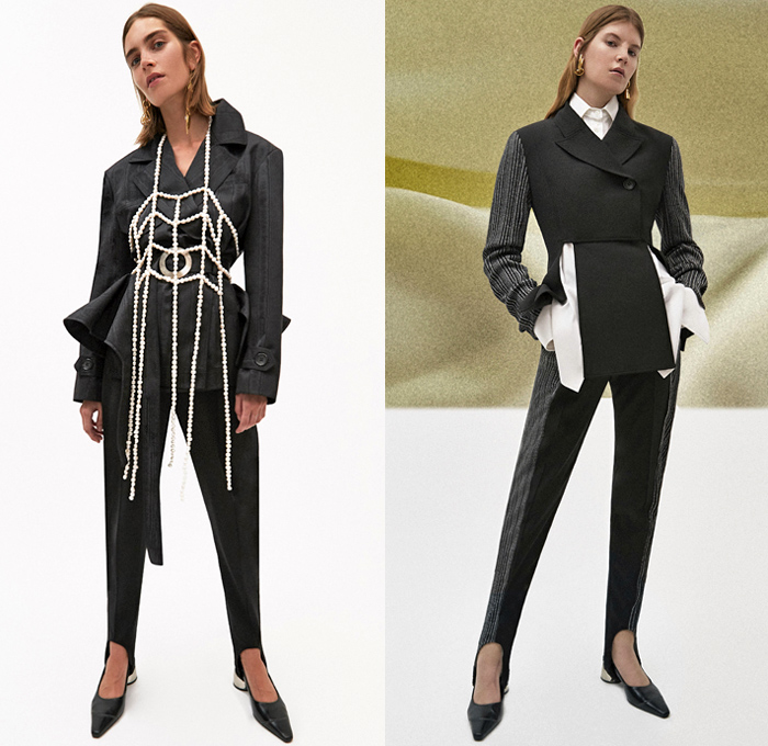 Ellery 2019 Pre-Fall Autumn Womens Lookbook Presentation - Amish Conservatism 1970s Free Love Leg O'Mutton Sleeves Poufy Shoulders Dress Ruffles Draped Peplum Corset Crop Top Pearls Harness Bib Apron Wide Lapel Strapless Turtleneck High Slit Skirt Handkerchief Hem Blouse Silk Satin Trench Coat Blazer Pantsuit Corduroy Quilted Puffer Jacket Oversleeve Capelet Flowers Floral Denim Jeans Wide Leg Pants Shirtdress Kaftan Caftan Knee High Boots