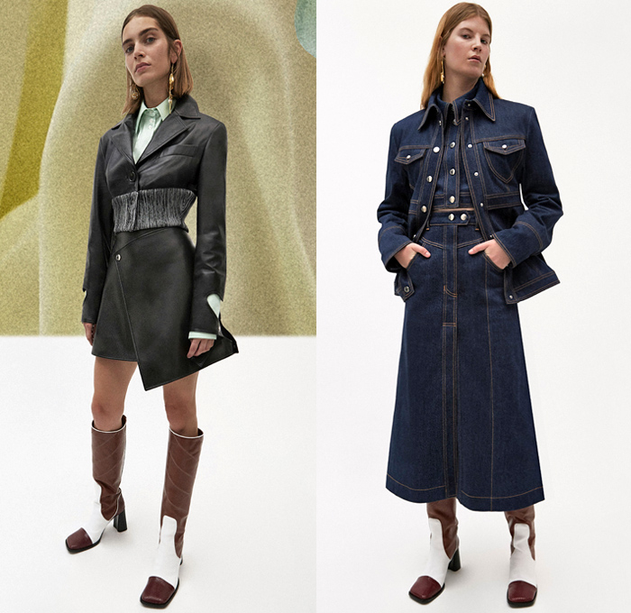 Ellery 2019 Pre-Fall Autumn Womens Lookbook Presentation - Amish Conservatism 1970s Free Love Leg O'Mutton Sleeves Poufy Shoulders Dress Ruffles Draped Peplum Corset Crop Top Pearls Harness Bib Apron Wide Lapel Strapless Turtleneck High Slit Skirt Handkerchief Hem Blouse Silk Satin Trench Coat Blazer Pantsuit Corduroy Quilted Puffer Jacket Oversleeve Capelet Flowers Floral Denim Jeans Wide Leg Pants Shirtdress Kaftan Caftan Knee High Boots