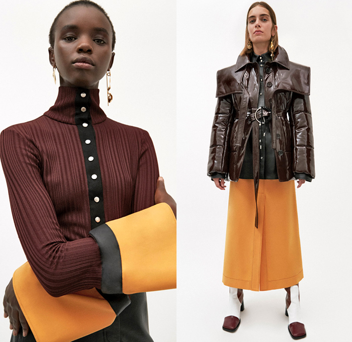 Ellery 2019 Pre-Fall Autumn Womens Lookbook Presentation - Amish Conservatism 1970s Free Love Leg O'Mutton Sleeves Poufy Shoulders Dress Ruffles Draped Peplum Corset Crop Top Pearls Harness Bib Apron Wide Lapel Strapless Turtleneck High Slit Skirt Handkerchief Hem Blouse Silk Satin Trench Coat Blazer Pantsuit Corduroy Quilted Puffer Jacket Oversleeve Capelet Flowers Floral Denim Jeans Wide Leg Pants Shirtdress Kaftan Caftan Knee High Boots