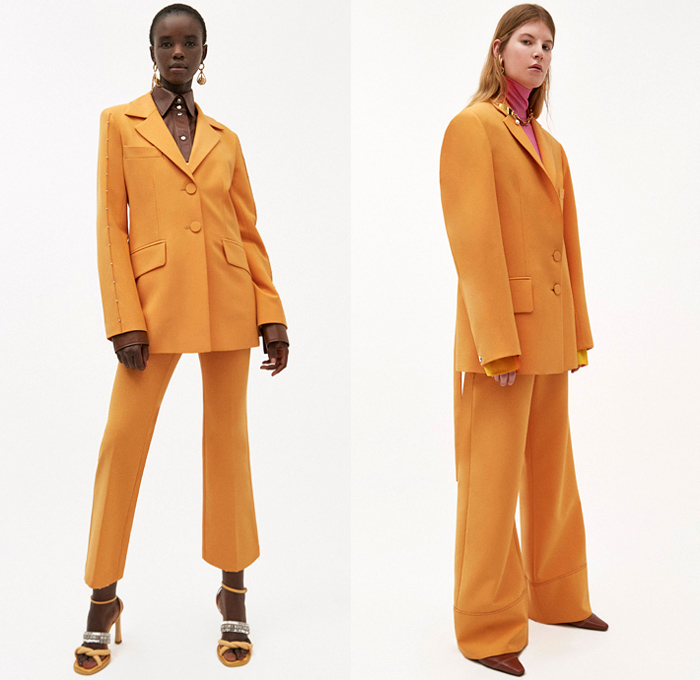 Ellery 2019 Pre-Fall Autumn Womens Lookbook Presentation - Amish Conservatism 1970s Free Love Leg O'Mutton Sleeves Poufy Shoulders Dress Ruffles Draped Peplum Corset Crop Top Pearls Harness Bib Apron Wide Lapel Strapless Turtleneck High Slit Skirt Handkerchief Hem Blouse Silk Satin Trench Coat Blazer Pantsuit Corduroy Quilted Puffer Jacket Oversleeve Capelet Flowers Floral Denim Jeans Wide Leg Pants Shirtdress Kaftan Caftan Knee High Boots