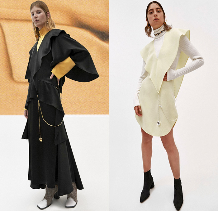 Ellery 2019 Pre-Fall Autumn Womens Lookbook Presentation - Amish Conservatism 1970s Free Love Leg O'Mutton Sleeves Poufy Shoulders Dress Ruffles Draped Peplum Corset Crop Top Pearls Harness Bib Apron Wide Lapel Strapless Turtleneck High Slit Skirt Handkerchief Hem Blouse Silk Satin Trench Coat Blazer Pantsuit Corduroy Quilted Puffer Jacket Oversleeve Capelet Flowers Floral Denim Jeans Wide Leg Pants Shirtdress Kaftan Caftan Knee High Boots