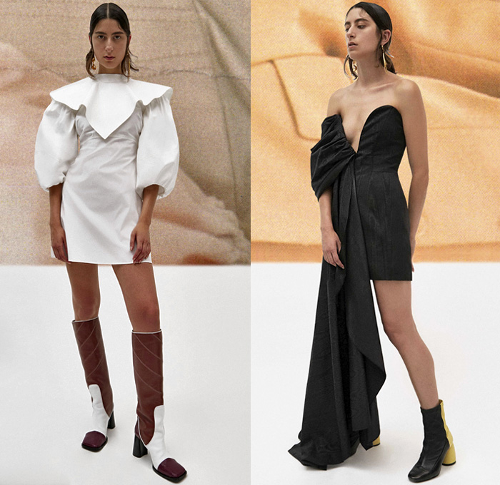 Ellery 2019 Pre-Fall Autumn Womens Lookbook Presentation - Amish Conservatism 1970s Free Love Leg O'Mutton Sleeves Poufy Shoulders Dress Ruffles Draped Peplum Corset Crop Top Pearls Harness Bib Apron Wide Lapel Strapless Turtleneck High Slit Skirt Handkerchief Hem Blouse Silk Satin Trench Coat Blazer Pantsuit Corduroy Quilted Puffer Jacket Oversleeve Capelet Flowers Floral Denim Jeans Wide Leg Pants Shirtdress Kaftan Caftan Knee High Boots