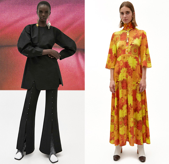 Ellery 2019 Pre-Fall Autumn Womens Lookbook Presentation - Amish Conservatism 1970s Free Love Leg O'Mutton Sleeves Poufy Shoulders Dress Ruffles Draped Peplum Corset Crop Top Pearls Harness Bib Apron Wide Lapel Strapless Turtleneck High Slit Skirt Handkerchief Hem Blouse Silk Satin Trench Coat Blazer Pantsuit Corduroy Quilted Puffer Jacket Oversleeve Capelet Flowers Floral Denim Jeans Wide Leg Pants Shirtdress Kaftan Caftan Knee High Boots