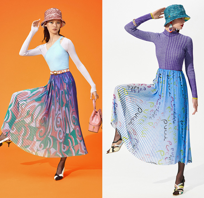 Emilio Pucci 2019 Pre-Fall Autumn Womens Lookbook Presentation - 1960s Sixties One Shoulder Knit Handkerchief Hem Scarf Shawl Sheer Chiffon Geometric Swirls Flowers Floral Stripes Pattern Blouse Accordion Pleats Skirt Dress Logo Mania Bedazzled Embroidery Sequins Mesh Mockneck Wide Leg Pants Miniskirt Sunglasses PVC Vinyl Pleather Pantsuit Outerwear Fur Plush Coat Tights Stockings Handbag Purse Bucket Hat