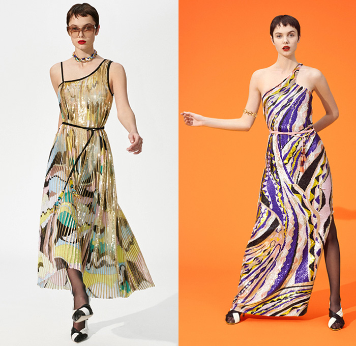 Emilio Pucci 2019 Pre-Fall Autumn Womens Lookbook Presentation - 1960s Sixties One Shoulder Knit Handkerchief Hem Scarf Shawl Sheer Chiffon Geometric Swirls Flowers Floral Stripes Pattern Blouse Accordion Pleats Skirt Dress Logo Mania Bedazzled Embroidery Sequins Mesh Mockneck Wide Leg Pants Miniskirt Sunglasses PVC Vinyl Pleather Pantsuit Outerwear Fur Plush Coat Tights Stockings Handbag Purse Bucket Hat