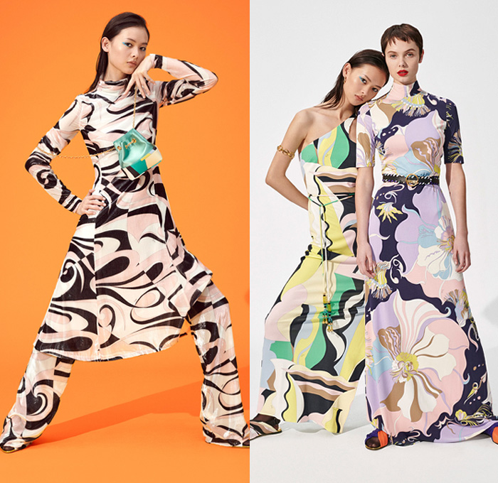 Emilio Pucci 2019 Pre-Fall Autumn Womens Lookbook Presentation - 1960s Sixties One Shoulder Knit Handkerchief Hem Scarf Shawl Sheer Chiffon Geometric Swirls Flowers Floral Stripes Pattern Blouse Accordion Pleats Skirt Dress Logo Mania Bedazzled Embroidery Sequins Mesh Mockneck Wide Leg Pants Miniskirt Sunglasses PVC Vinyl Pleather Pantsuit Outerwear Fur Plush Coat Tights Stockings Handbag Purse Bucket Hat