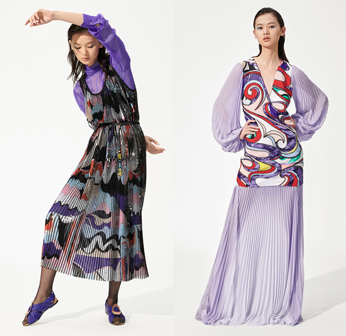 Emilio Pucci 2019 Pre-Fall Autumn Womens Lookbook Presentation - 1960s Sixties One Shoulder Knit Handkerchief Hem Scarf Shawl Sheer Chiffon Geometric Swirls Flowers Floral Stripes Pattern Blouse Accordion Pleats Skirt Dress Logo Mania Bedazzled Embroidery Sequins Mesh Mockneck Wide Leg Pants Miniskirt Sunglasses PVC Vinyl Pleather Pantsuit Outerwear Fur Plush Coat Tights Stockings Handbag Purse Bucket Hat