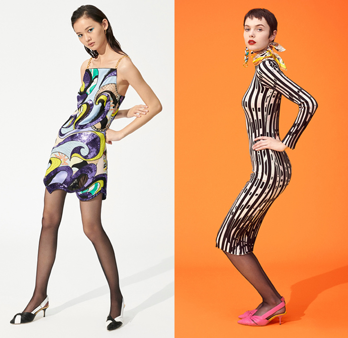 Emilio Pucci 2019 Pre-Fall Autumn Womens Lookbook Presentation - 1960s Sixties One Shoulder Knit Handkerchief Hem Scarf Shawl Sheer Chiffon Geometric Swirls Flowers Floral Stripes Pattern Blouse Accordion Pleats Skirt Dress Logo Mania Bedazzled Embroidery Sequins Mesh Mockneck Wide Leg Pants Miniskirt Sunglasses PVC Vinyl Pleather Pantsuit Outerwear Fur Plush Coat Tights Stockings Handbag Purse Bucket Hat